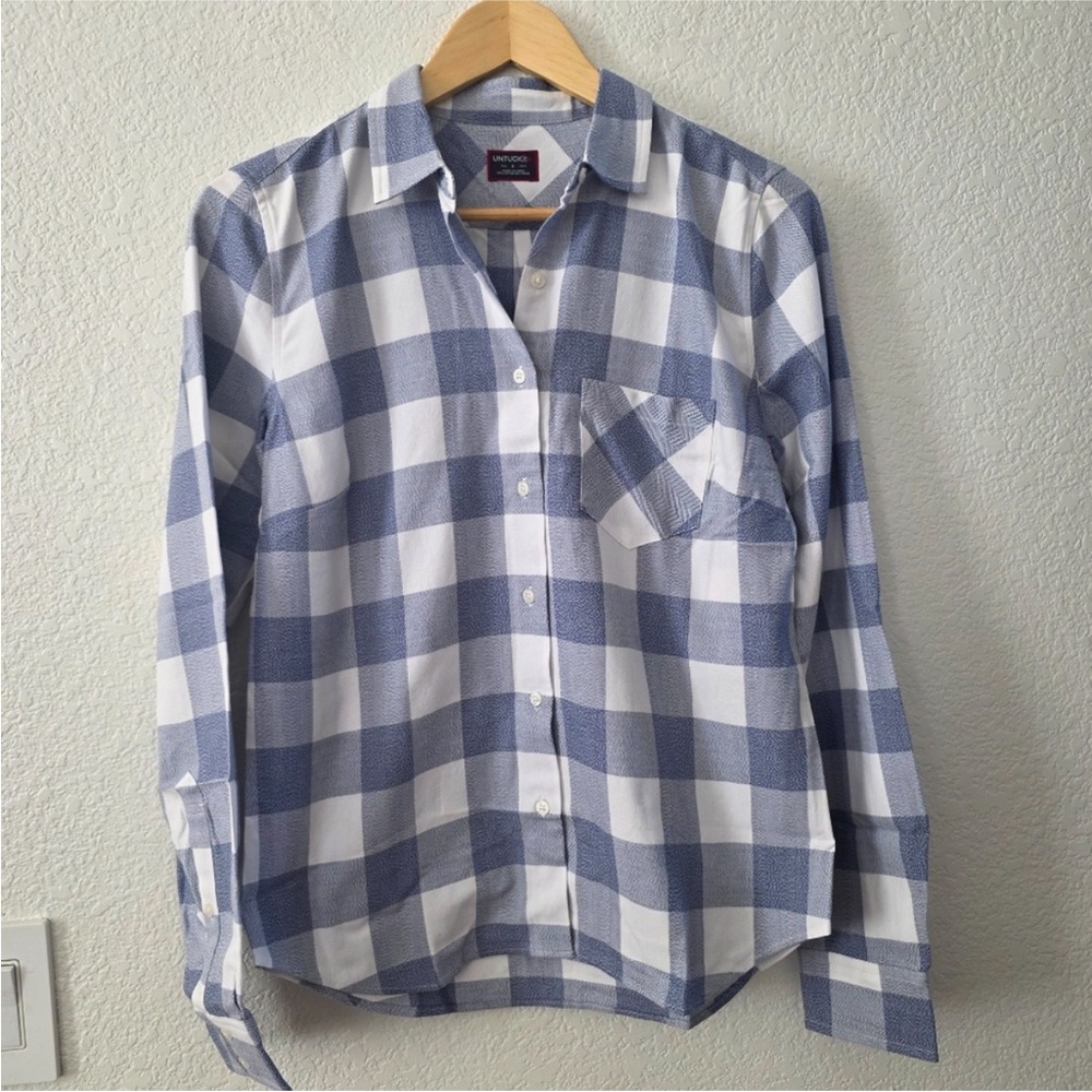 Untuckit Volnay Blue and White Flannel Plaid Checkered Shirt Sz 2